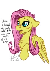 Size: 1414x2000 | Tagged: safe, artist:julunis14, fluttershy, pegasus, pony, g4, blushing, chest fluff, dialogue, female, floppy ears, half body, mare, open mouth, raised hoof, signature, simple background, solo, speak to the manager, white background