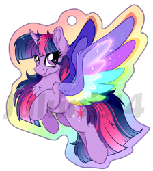 Size: 746x831 | Tagged: safe, artist:julunis14, twilight sparkle, alicorn, pony, g4, rainbow roadtrip, chest fluff, colored wings, female, looking at you, mare, multicolored wings, obtrusive watermark, rainbow wings, simple background, smiling, smiling at you, solo, spread wings, twilight sparkle (alicorn), watermark, white background, wings