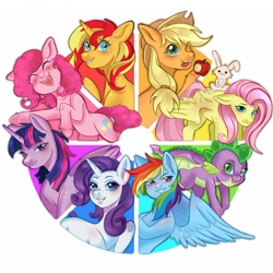 Size: 1920x1920 | Tagged: safe, artist:murfa, angel bunny, applejack, fluttershy, pinkie pie, rainbow dash, rarity, spike, sunset shimmer, twilight sparkle, alicorn, dragon, earth pony, pegasus, pony, rabbit, unicorn, g4, angel riding fluttershy, animal, apple, applejack's hat, art challenge, blushing, color wheel, color wheel challenge, cowboy hat, dragon wings, eyelashes, feathered wings, female, fetlock tuft, folded wings, food, grin, hat, horn, looking at you, male, mane seven, mane six, mare, open mouth, open smile, simple background, smiling, spread wings, tongue out, twilight sparkle (alicorn), unshorn fetlocks, white background, winged spike, wings