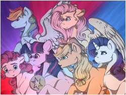 Size: 1280x960 | Tagged: safe, artist:binibean, applejack, fluttershy, pinkie pie, rainbow dash, rarity, twilight sparkle, earth pony, pegasus, pony, unicorn, friendship is magic, g4, element of magic, female, looking at something, mane six, mare, unicorn twilight