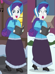 Size: 2455x3264 | Tagged: safe, artist:robukun, rarity, human, undead, zombie, equestria girls, g4, caroling, clothes, comparison, dress, high res, long dress, long skirt, skirt, solo, victorian, victorian dress, victorian rarity