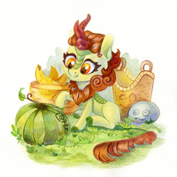 Size: 1196x1200 | Tagged: safe, artist:maytee, autumn blaze, kirin, g4, awwtumn blaze, banana, basket, cloven hooves, colored hooves, colored pencil drawing, cute, female, food, head tilt, looking at something, melon, raised hoof, sitting, smiling, solo, traditional art, watermelon