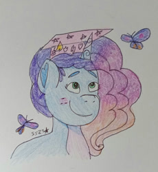 Size: 828x901 | Tagged: safe, artist:starrscout-23, misty brightdawn, butterfly, pony, unicorn, g5, freckles, graduation cap, hat, heart ears, rebirth misty, traditional art