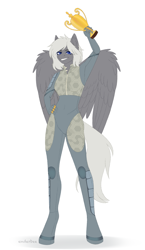 Size: 1579x2726 | Tagged: safe, artist:enderbee, oc, oc only, oc:silver bullet, pegasus, anthro, blue background, blue eyes, bust, clothes, colored, flat colors, looking at you, simple background, sketch, smiling, smiling at you, solo, suit, trophy, white background, wings