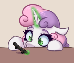 Size: 3110x2654 | Tagged: safe, artist:witchtaunter, sweetie belle, pony, unicorn, g4, cute, diasweetes, ear fluff, female, filly, floppy ears, foal, high res, magic, simple background, skateboard, solo, sweetie belle's magic brings a great big smile, tech deck, telekinesis