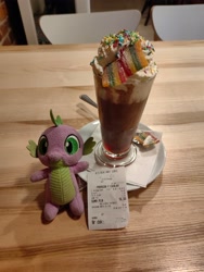 Size: 2736x3648 | Tagged: safe, artist:kuba18i, spike, dragon, g4, cafe, coffee, cracow, food, high res, implied rainbow dash, indoors, irl, kraków, photo, plushie, poland, polish, receipt, sour jelly, sprinkles, table, whipped cream