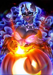 Size: 2893x4092 | Tagged: safe, artist:minamikoboyasy, nightmare moon, alicorn, anthro, g4, breasts, busty nightmare moon, choker, clothes, ethereal mane, evil, evil grin, fangs, flowing hair, flowing mane, glowing, grin, halloween, holiday, horn, jewelry, nightmare night, open mouth, pumpkin, smiling, solo, wings