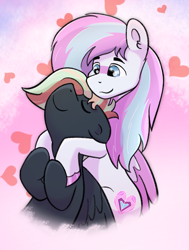 Size: 1361x1801 | Tagged: safe, artist:single purpose, oc, oc:dyn, oc:treading step, pegasus, pony, colored wings, couple, duo, duo male, eyes closed, gay, heart, holding hooves, hug, leaning back, love, male, multicolored hair, multicolored mane, multicolored wings, snuggling, wings