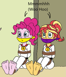 Size: 477x554 | Tagged: safe, artist:bugssonicx, edit, pinkie pie, sunset shimmer, human, equestria girls, g4, bondage, bound and gagged, cloth gag, duo, gag, gi, karate, muffled words, taekwondo, tied up