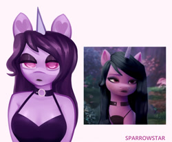 Size: 1280x1061 | Tagged: safe, artist:vtya, edit, edited screencap, screencap, izzy moonbow, pony, unicorn, anthro, g5, my little pony: a new generation, spoiler:g5, black dress, black hair, choker, clothes, dress, eyebrows, eyelashes, eyeliner, eyeshadow, female, goth, goth izzy, heart, horn, makeup, no pupils, scene interpretation, solo, unicorn horn