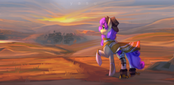 Size: 4817x2343 | Tagged: safe, artist:yasu, oc, oc:quickdraw, earth pony, pony, boots, clothes, commissioner:dhs, cowboy, cowboy boots, cowboy hat, desert, gun, hat, hill, poncho, road, scenery, shoes, solo, sunset, town, village, weapon