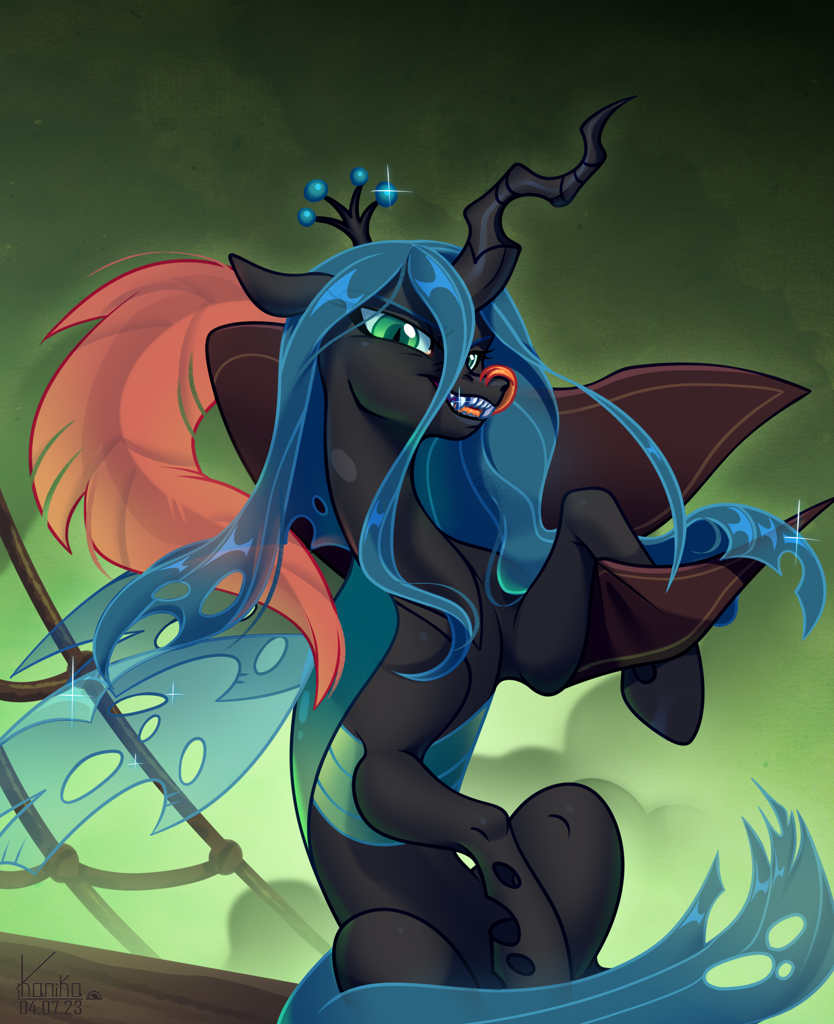 [belly,changeling,changeling queen,collaboration,crown,fangs,female,hat,jewelry,looking at you,open mouth,pony,queen chrysalis,raised hoof,safe,ship,sitting,solo,tail,windswept mane,regalia,tongue out,long tongue,thin,concave belly,slim,pirate hat,quadrupedal,windswept tail,celaeno's airship,artist:kanika-png,collaboration:meet the best showpony]
