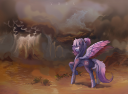 Size: 6465x4778 | Tagged: safe, artist:yasu, oc, oc only, pegasus, pony, butt, cloud, coat markings, colored wings, commission, concave belly, confident, dark, desert, desert storm, facial markings, fluffy, hair bun, multicolored wings, plot, quadrupedal, raised hoof, sand, scar, scenery, slender, smiling, solo, spread wings, standing, storm, thin, wings