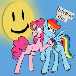 Size: 900x900 | Tagged: safe, artist:fuckomcfuck, pinkie pie, rainbow dash, earth pony, pegasus, pony, g4, blue background, dissonant caption, duo, female, hug, lesbian, missing cutie mark, ship:pinkiedash, shipping, simple background, smiley face, subversive kawaii, text, unshorn fetlocks