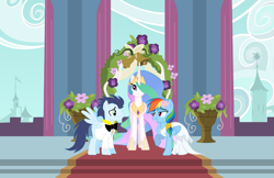 Size: 1205x783 | Tagged: safe, artist:3d4d, princess celestia, rainbow dash, soarin', alicorn, pegasus, pony, g4, bride, clothes, dress, female, groom, male, mare, marriage, ship:soarindash, shipping, stallion, straight, tuxedo, wedding, wedding dress