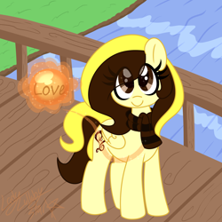Size: 2000x2000 | Tagged: safe, artist:ladylullabystar, oc, oc only, oc:guylian, pegasus, pony, ball, bridge, female, high res, looking at you, magic, mare, river, solo, water