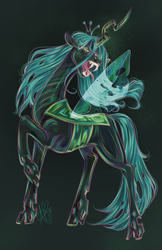 Size: 3300x5100 | Tagged: safe, artist:ashley-the-muffin, queen chrysalis, changeling, changeling queen, g4, absurd resolution, concave belly, crown, digital art, eyelashes, eyeshadow, fangs, female, green background, green eyes, green mane, green tail, horn, jewelry, makeup, mare, open mouth, raised hoof, regalia, signature, simple background, solo, spread wings, tail, teeth, thin, wings