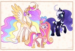 Size: 1577x1076 | Tagged: safe, artist:wanderingpegasus, princess cadance, princess celestia, princess luna, alicorn, pony, g4, alicorn triarchy, alternate color palette, alternate design, coat markings, colored horn, colored pinnae, colored wings, concave belly, crown, curved horn, ethereal mane, ethereal tail, eyeshadow, facial markings, female, folded wings, freckles, full body, gradient wings, heart, heart horn, heart mark, height difference, hoof shoes, horn, jewelry, looking at each other, looking at someone, makeup, mare, markings, multicolored mane, multicolored tail, open mouth, open smile, pale belly, peytral, princess shoes, raised hoof, redesign, regalia, slender, smiling, snip (coat marking), socks (coat markings), spread wings, star (coat marking), star freckles, starry mane, tail, thin, trio, two toned wings, walking, wings