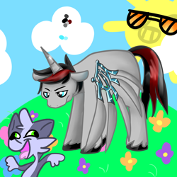 Size: 1500x1500 | Tagged: safe, artist:hacssaw, oc, oc only, alicorn, pony, wolf, anthro, :d, alicorn oc, anthro with ponies, duo, flower, horn, open mouth, open smile, outdoors, smiling, sunglasses, unamused, unshorn fetlocks, wings