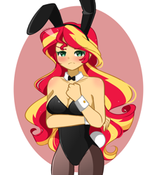 Size: 3104x3467 | Tagged: safe, alternate version, artist:kittyrosie, sunset shimmer, human, equestria girls, g4, bare shoulders, blushing, bowtie, breasts, bunny ears, bunny suit, busty sunset shimmer, clothes, corset, cuffs (clothes), female, high res, leotard, playboy bunny, sleeveless, solo, stockings, strapless, thigh highs