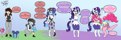 Size: 8885x3000 | Tagged: safe, artist:hacssaw, pinkie pie, rarity, earth pony, human, unicorn, anthro, unguligrade anthro, g4, clothes, dialogue, dress, female, homophone, hug, human to anthro, mental shift, mind control, present, smiling, transformation, transformation sequence