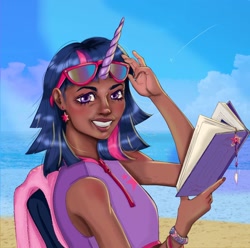 Size: 1586x1572 | Tagged: safe, artist:theartoffallensakura, twilight sparkle, human, g4, beach, blushing, book, bracelet, chair, clothes, comments locked down, dark skin, ear piercing, earring, female, grin, horn, horned humanization, humanized, jewelry, looking at you, ocean, piercing, sand, smiling, smiling at you, solo, sunglasses, swimsuit, town, water, wristband