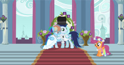 Size: 1280x678 | Tagged: safe, artist:prismborealisdash, rainbow dash, scootaloo, soarin', pegasus, pony, g4, bride, clothes, dress, female, filly, flower filly, foal, groom, male, mare, marriage, ship:soarindash, shipping, siblings, sisters, stallion, straight, tuxedo, wedding, wedding dress
