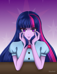 Size: 1000x1293 | Tagged: safe, artist:bluebell, artist:kyc-chan, twilight sparkle, alicorn, human, equestria girls, equestria girls (movie), equestria girls series, clothes, cutie mark background, female, gradient background, hand on cheek, looking at you, school, school uniform, schoolgirl, sitting, solo, twilight sparkle (alicorn)