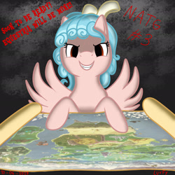 Size: 1920x1920 | Tagged: safe, artist:lurfy, cozy glow, pegasus, pony, g4, atg 2023, fangs, female, filly, foal, grin, map, newbie artist training grounds, smiling, solo, text