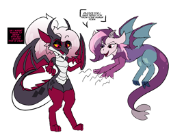 Size: 1903x1502 | Tagged: safe, artist:hacssaw, oc, oc:mirage, draconequus, dragon, anthro, digitigrade anthro, clothes, dialogue, draconequus oc, dragoness, dragonified, duo, female, simple background, species swap, stockings, thigh highs, white background