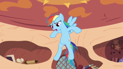 Size: 1280x720 | Tagged: safe, screencap, rainbow dash, pegasus, pony, g4, magic duel, bipedal, female, flying, golden oaks library, mare, open mouth, solo, spread wings, wings