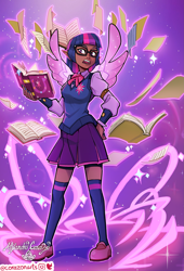 Size: 2037x3000 | Tagged: safe, artist:corazonarts, twilight sparkle, human, g4, book, bowtie, clothes, dark skin, elf ears, female, flats, friendship journal, glasses, high res, humanized, levitation, looking at you, magic, miniskirt, nail polish, open mouth, shirt, shoes, skirt, socks, solo, stockings, sweater vest, telekinesis, thigh highs, thigh socks, unicorns as elves, vest, winged humanization, wings