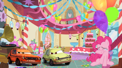 Size: 1248x702 | Tagged: safe, pinkie pie, earth pony, pony, g4, car, cars (pixar), cars 2, crossover, crying, grem and acer, random pictures pasted next to each other, sitting, sugarcube corner