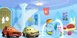 Size: 1391x677 | Tagged: safe, rainbow dash, pegasus, pony, g4, cars (pixar), cars 2, crossover, crying, grem and acer, rainbow dash's house, random pictures pasted next to each other, sitting