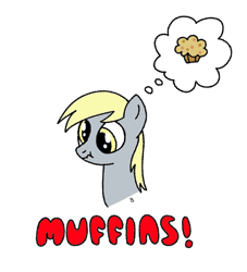 Size: 500x550 | Tagged: safe, artist:beepbeep, derpy hooves, pegasus, pony, g4, female, food, mare, muffin, no eyelashes, simple background, solo, text, thought bubble, white background
