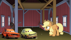 Size: 1706x959 | Tagged: safe, applejack, earth pony, pony, g4, car, cars (pixar), cars 2, crying, grem and acer