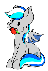 Size: 1375x2039 | Tagged: safe, artist:noxi1_48, oc, oc only, oc:hawker hurricane, bat pony, pony, daily dose of friends, apple, eating, fangs, food, herbivore, simple background, sitting, solo, transparent background