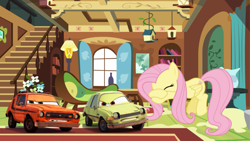 Size: 1689x950 | Tagged: safe, fluttershy, pony, g4, car, cars (pixar), cars 2, crying, grem and acer