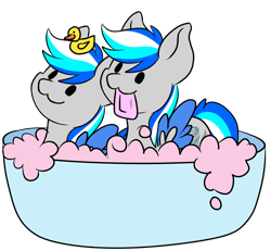 Size: 1883x1738 | Tagged: safe, artist:noxi1_48, oc, oc only, oc:hawker hurricane, pegasus, pony, daily dose of friends, bath, bathing, bathing together, colored wings, rubber duck, simple background, soap, suds, transparent background, two toned wings, wings