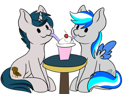 Size: 2642x2000 | Tagged: safe, artist:noxi1_48, oc, oc only, oc:hawker hurricane, pegasus, pony, unicorn, daily dose of friends, colored wings, drink, duo, high res, milkshake, sharing a drink, simple background, sitting, transparent background, two toned wings, wings