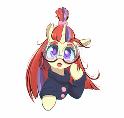Size: 1000x952 | Tagged: safe, artist:inkypuso, moondancer, pony, unicorn, g4, big eyes, blushing, bust, cute, dancerbetes, female, full face view, glasses, head tilt, looking at you, mare, one ear down, open mouth, playing with hair, round glasses, simple background, solo, stray strand, taped glasses, white background
