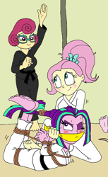 Size: 640x1045 | Tagged: safe, artist:bugssonicx, edit, aria blaze, fluttershy, posey shy, human, equestria girls, g4, blushing, bondage, bound and gagged, cloth gag, cropped, cute, gag, karate, rope, rope bondage, shyabetes, taekwondo, tied up