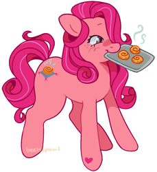 Size: 1141x1247 | Tagged: safe, artist:beetlepaws, cinnamon breeze, pony, g3, brown eyes, cinnamon bun, dessert, eyes open, food, hoof heart, mouth hold, pink, pink hair, pink mane, pink tail, simple background, solo, tail, transparent background, underhoof