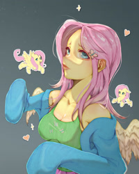 Size: 2400x3000 | Tagged: safe, artist:rainbowsherbs, fluttershy, human, pegasus, pony, g4, bare shoulders, breasts, busty fluttershy, butterfly hairpin, cleavage, clothes, female, gray background, heart, high res, human ponidox, humanized, mare, micro, off shoulder, pony coloring, self paradox, self ponidox, simple background, solo, tiny, tiny ponies, winged humanization, wings