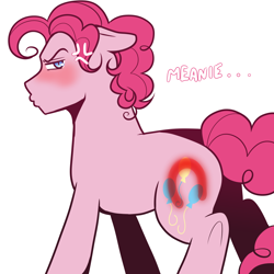 Size: 1200x1200 | Tagged: safe, artist:princeofrecycling, pinkie pie, earth pony, pony, g4, blushing, bubble berry, cross-popping veins, emanata, floppy ears, hoofprint, implied spanking, looking at you, looking back, looking back at you, male, rule 63, simple background, solo, stallion, white background