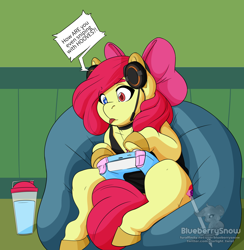 Size: 1464x1500 | Tagged: safe, artist:blueberrysnow, apple bloom, earth pony, pony, g4, beanbag chair, bow, choker, clothes, controller, dexterous hooves, dialogue, female, filly, foal, gamer, gaming, gaming headset, hair bow, headphones, headset, heterochromia, post-transformation, sitting, solo, speech bubble, tongue out, underhoof