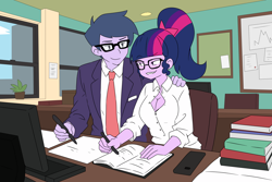 Size: 4200x2800 | Tagged: safe, artist:lirudraw, micro chips, sci-twi, twilight sparkle, human, equestria girls, g4, book, breasts, busty twilight sparkle, cleavage, clothes, computer, digital art, duo, female, glasses, grin, hand on shoulder, male, microlight, necktie, notebook, office, office lady, pen, shipping, smiling, straight, suit