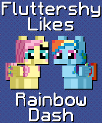 Size: 1080x1300 | Tagged: safe, artist:silk-rose, fluttershy, rainbow dash, pegasus, pony, blushing, drop shadow, duo, female, flutterdash, lesbian, patterned background, pixel art, shipping, text, upscaled