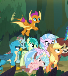 Size: 534x600 | Tagged: safe, edit, edited screencap, screencap, applejack, cozy glow, gallus, ocellus, sandbar, silverstream, smolder, yona, changedling, changeling, classical hippogriff, dragon, earth pony, griffon, hippogriff, pegasus, pony, yak, g4, my little pony: friendship is magic, non-compete clause, cozy edit, forest, student six, what if