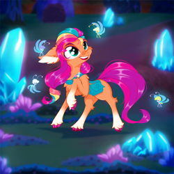 Size: 2500x2500 | Tagged: safe, artist:rurihal, sunny starscout, breezie, earth pony, pony, family trees, g5, my little pony: make your mark, my little pony: make your mark chapter 5, spoiler:g5, spoiler:my little pony: make your mark, spoiler:my little pony: make your mark chapter 5, spoiler:mymc05e02, blurry background, bridlewood, chest fluff, coat markings, crystal, cute, ear fluff, female, high res, hoof fluff, hooves, leg fluff, mane stripe sunny, mare, night, outdoors, raised hoof, slender, smiling, socks (coat markings), standing, sunnybetes, thin, turned head, unshorn fetlocks